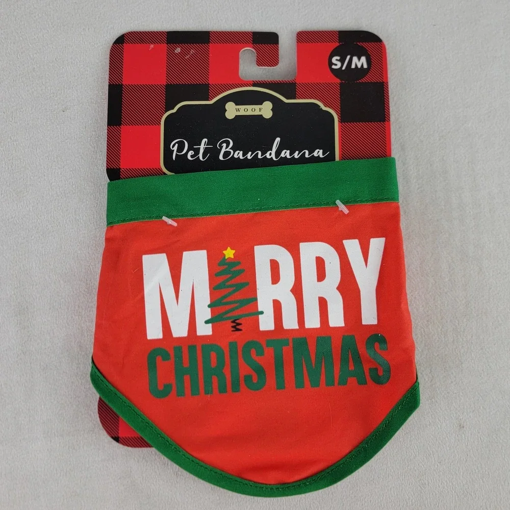 Woof Merry Christmas Pet Dog Cat Bandana Holiday Plaid Small Medium Red Green